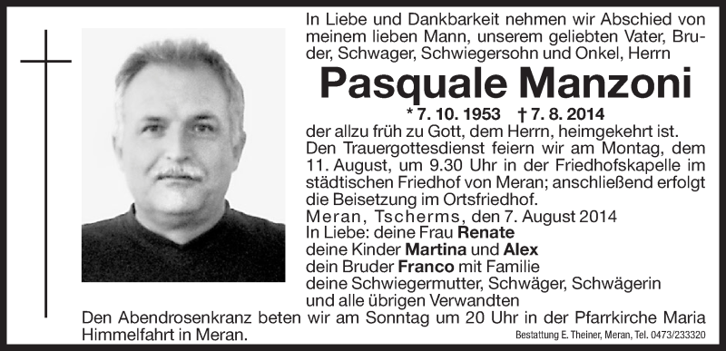  Traueranzeige für Pasquale Manzoni vom 09.08.2014 aus Dolomiten