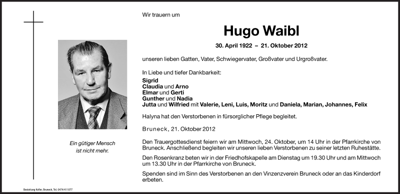  Traueranzeige für Hugo Waibl vom 23.10.2012 aus Dolomiten