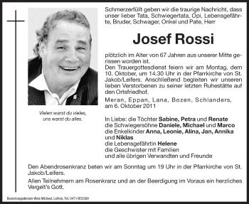 Traueranzeige von Josef Rossi von Dolomiten