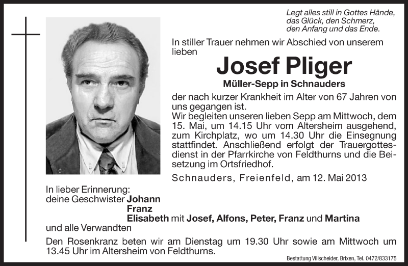  Traueranzeige für Josef Pliger vom 14.05.2013 aus Dolomiten