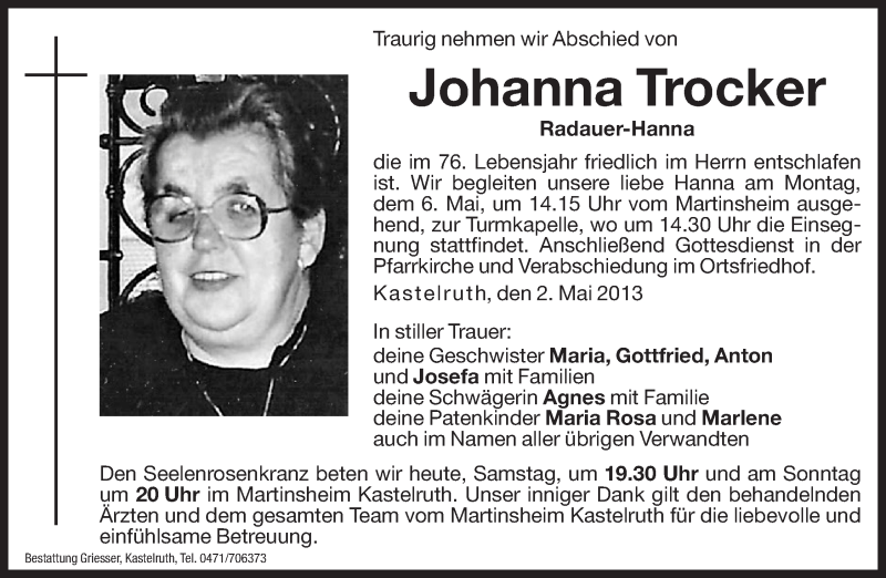  Traueranzeige für Johanna Trocker vom 04.05.2013 aus Dolomiten