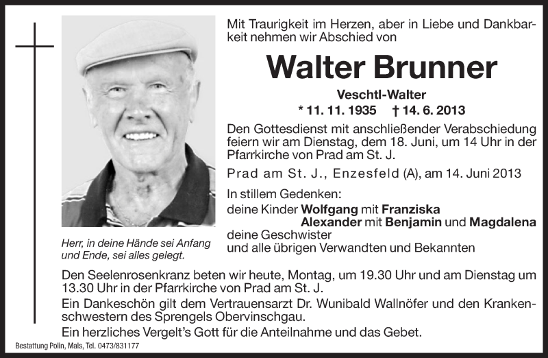  Traueranzeige für Walter Brunner vom 17.06.2013 aus Dolomiten