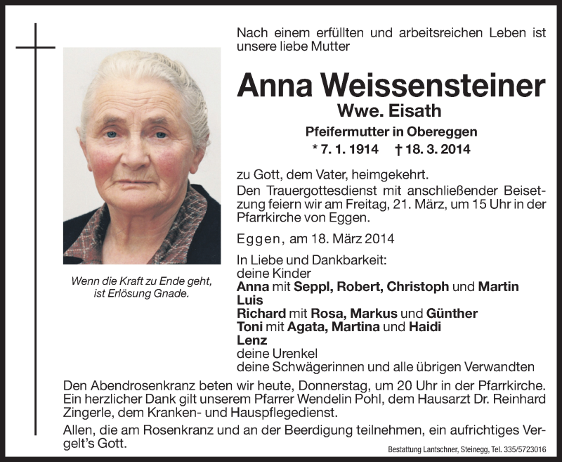  Traueranzeige für Anna Eisath vom 20.03.2014 aus Dolomiten