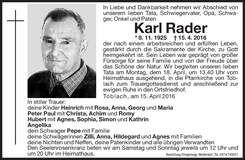  Traueranzeige für Karl Rader vom 16.04.2016 aus Dolomiten