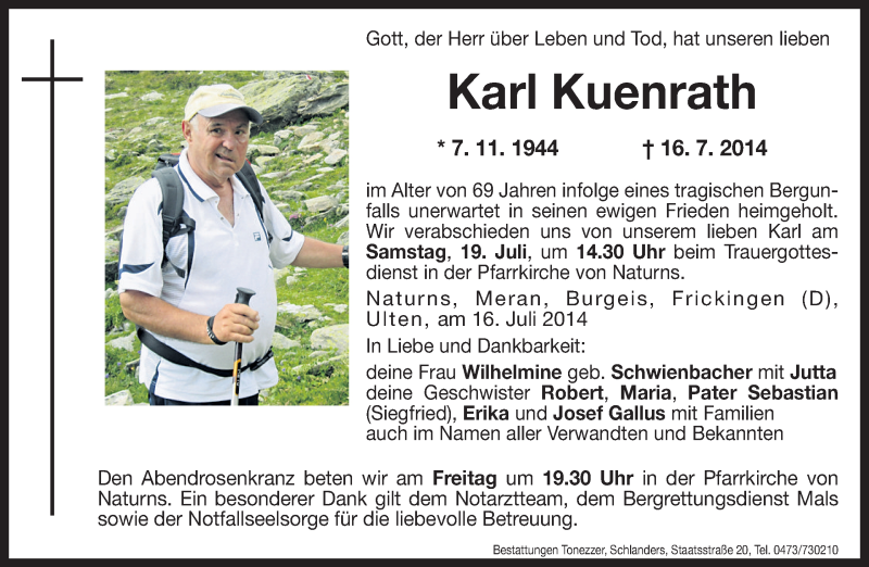  Traueranzeige für Karl Kuenrath vom 18.07.2014 aus Dolomiten