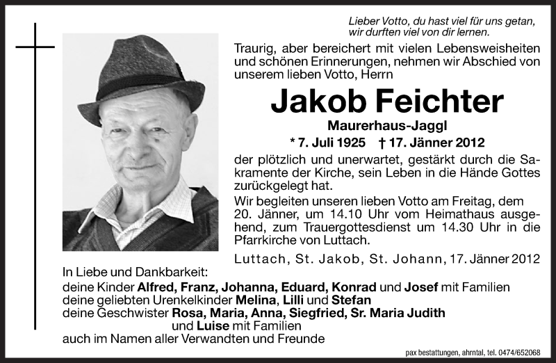  Traueranzeige für Jakob Feichter vom 19.01.2012 aus Dolomiten