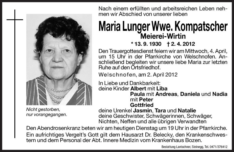  Traueranzeige für Maria Kompatscher vom 03.04.2012 aus Dolomiten