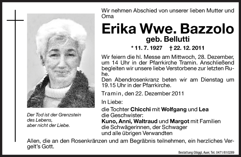  Traueranzeige für Erika Bazzolo vom 24.12.2011 aus Dolomiten