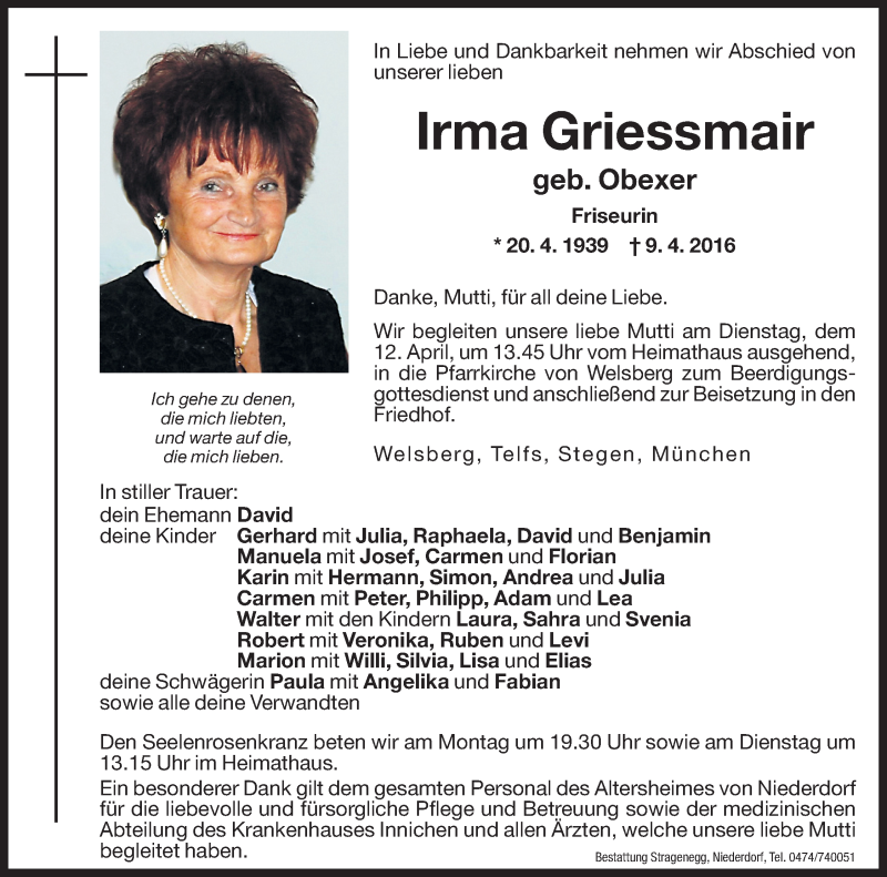  Traueranzeige für Irma Griessmair vom 11.04.2016 aus Dolomiten