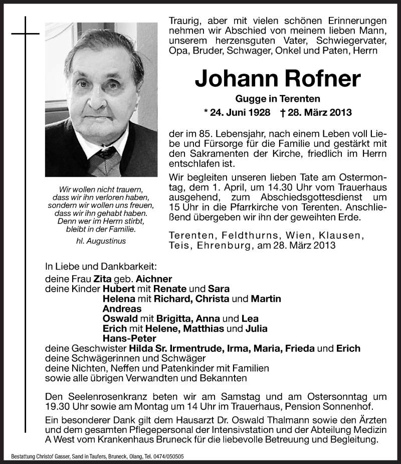  Traueranzeige für Johann Rofner vom 30.03.2013 aus Dolomiten