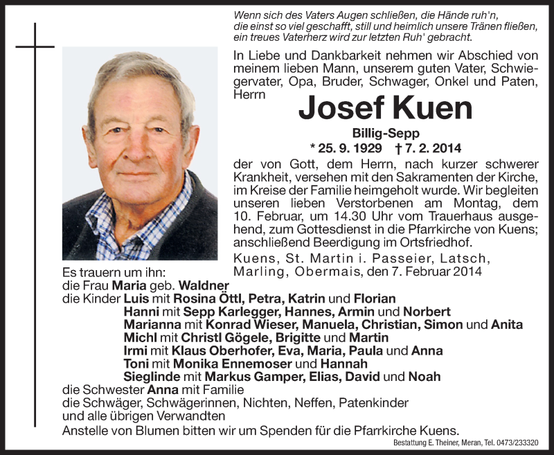  Traueranzeige für Josef Kuen vom 10.02.2014 aus Dolomiten