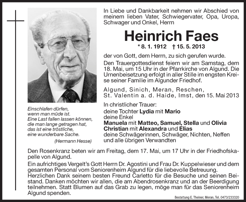  Traueranzeige für Heinrich Faes vom 17.05.2013 aus Dolomiten