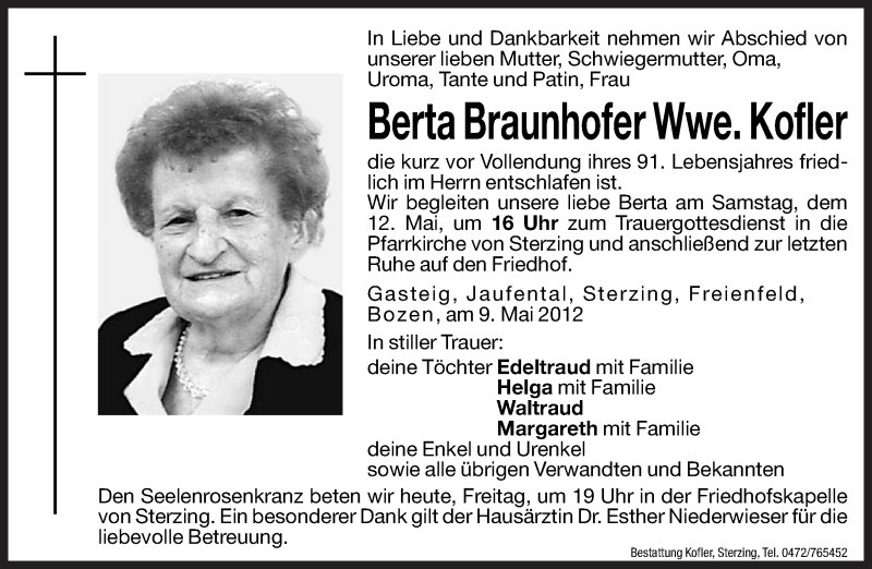  Traueranzeige für Berta Kopfler vom 11.05.2012 aus Dolomiten