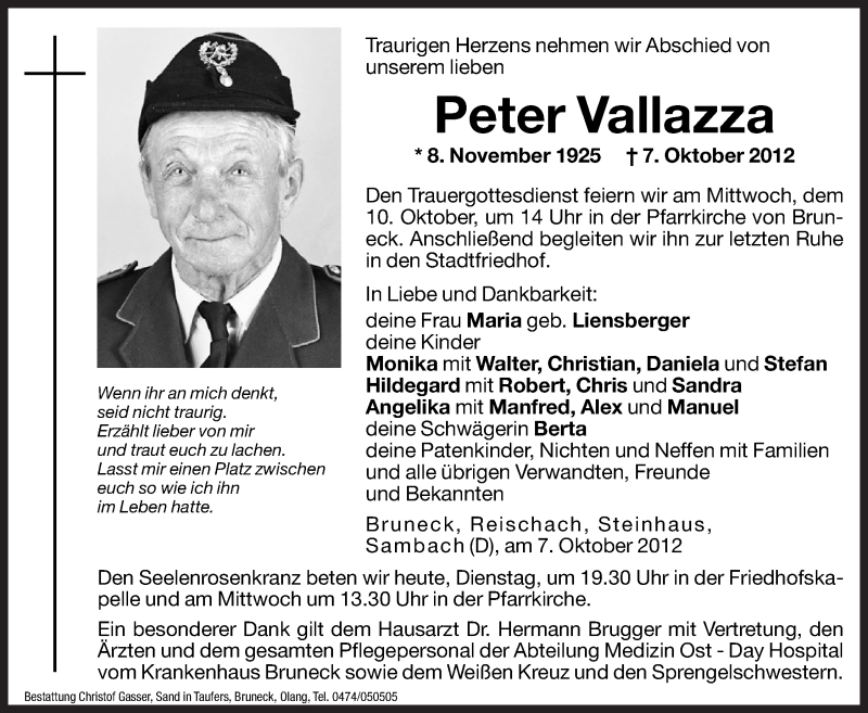  Traueranzeige für Peter Vallazza vom 09.10.2012 aus Dolomiten