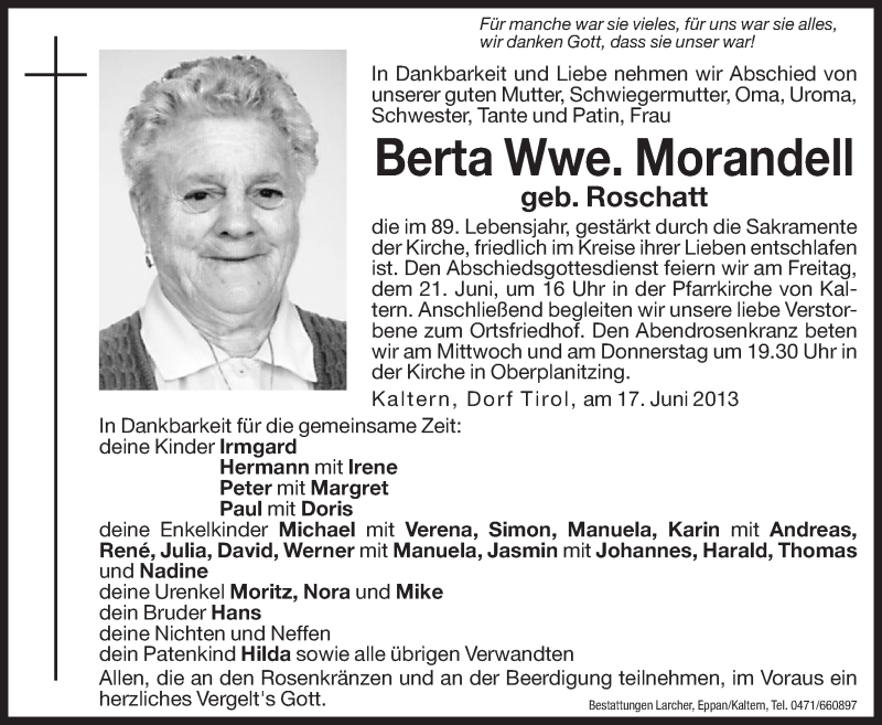  Traueranzeige für Berta Morandell vom 18.06.2013 aus Dolomiten