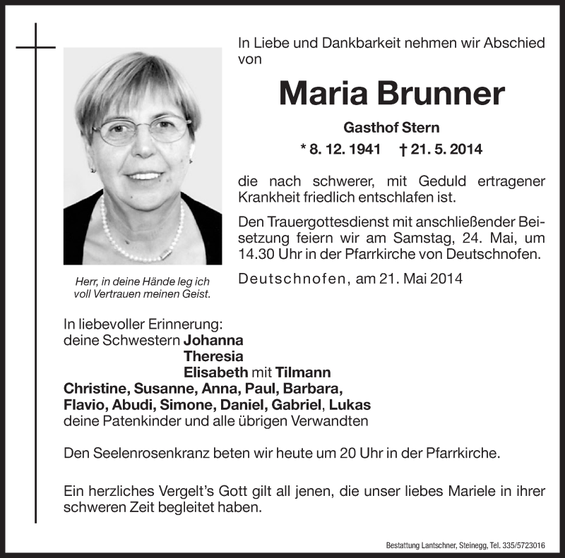  Traueranzeige für Maria Brunner vom 23.05.2014 aus Dolomiten