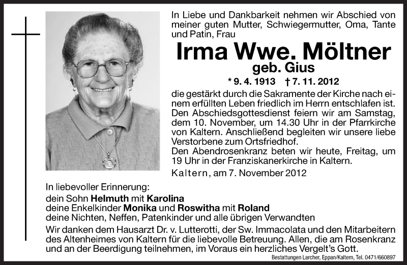  Traueranzeige für Irma Möltner vom 09.11.2012 aus Dolomiten