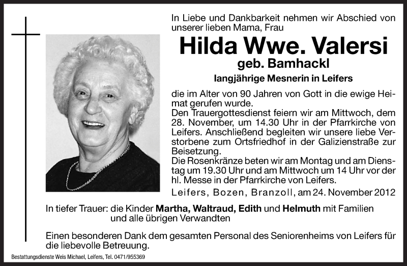  Traueranzeige für Hilda Valersi vom 26.11.2012 aus Dolomiten