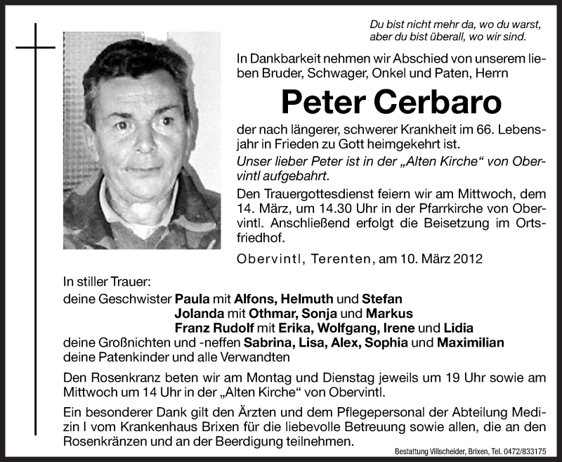  Traueranzeige für Peter Cerbaro vom 12.03.2012 aus Dolomiten