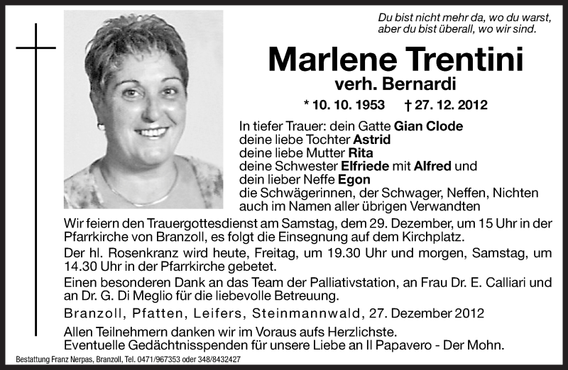  Traueranzeige für Marlene Bernardi vom 28.12.2012 aus Dolomiten