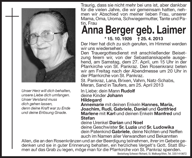  Traueranzeige für Anna Berger vom 26.04.2013 aus Dolomiten