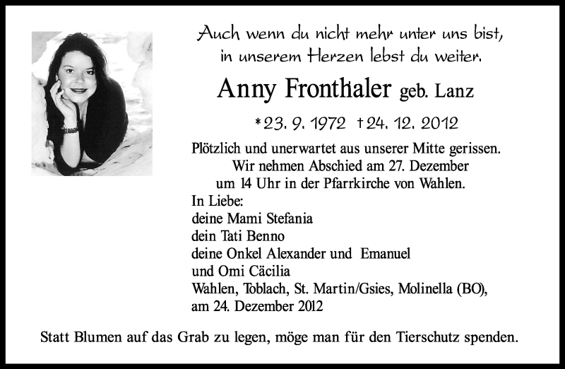  Traueranzeige für Anny Fronthaler vom 27.12.2012 aus Dolomiten