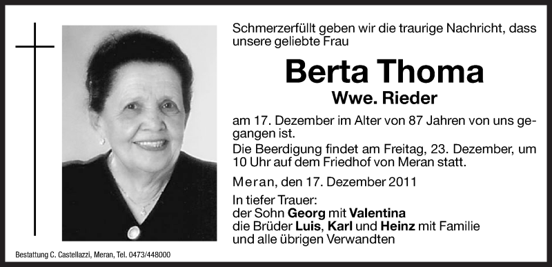  Traueranzeige für Berta Rieder vom 22.12.2011 aus Dolomiten