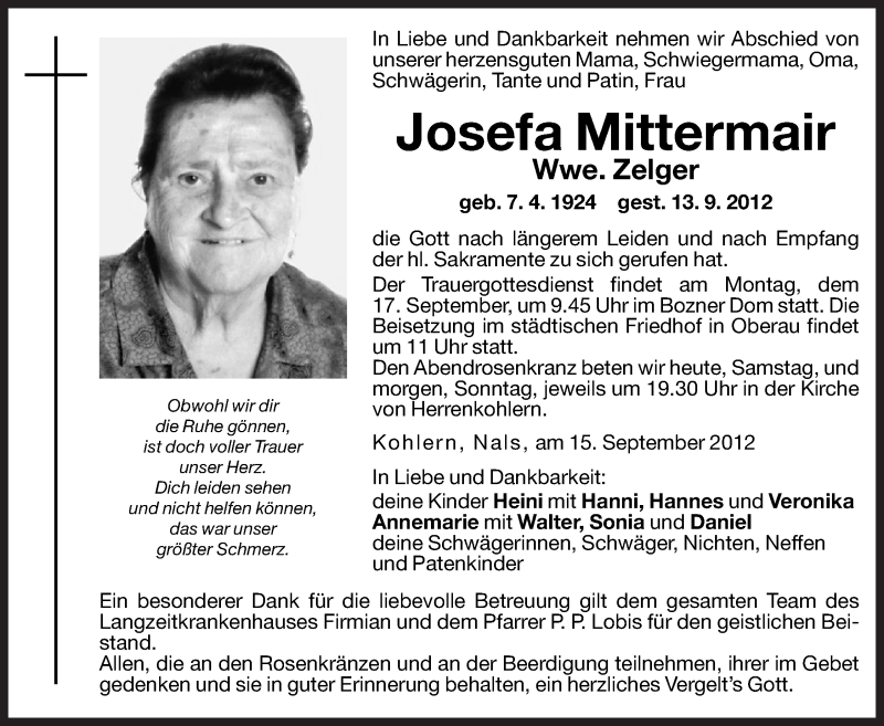  Traueranzeige für Josefa Zelger vom 15.09.2012 aus Dolomiten