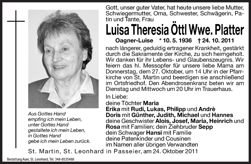  Traueranzeige für Luisa Theresia Öttl vom 01.01.0001 aus Dolomiten