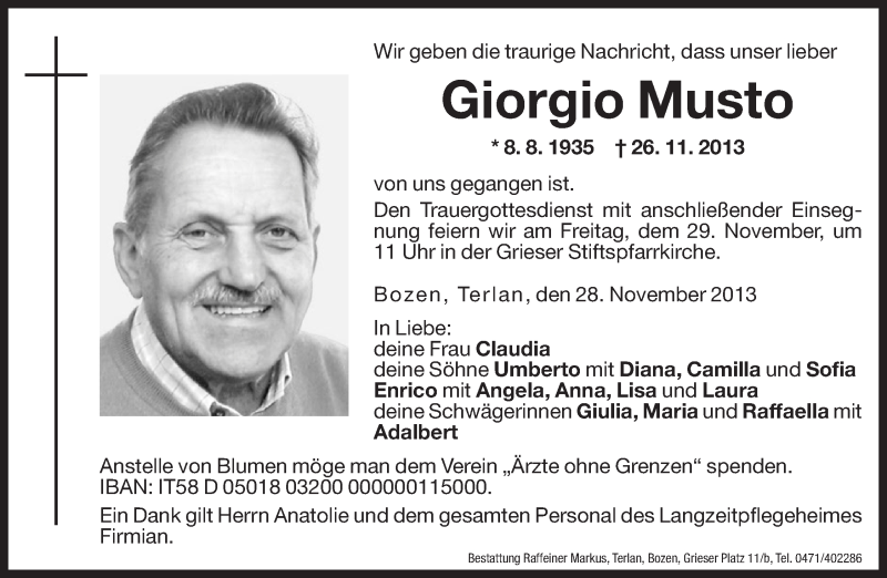  Traueranzeige für Giorgio Musto vom 28.11.2013 aus Dolomiten