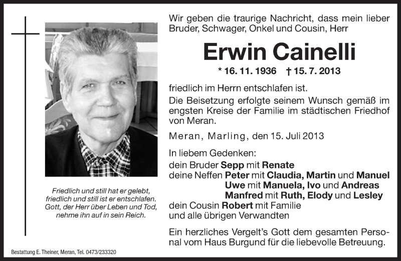  Traueranzeige für Erwin Cainelli vom 19.07.2013 aus Dolomiten