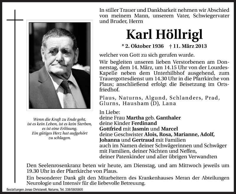  Traueranzeige für Karl Höllrigl vom 12.03.2013 aus Dolomiten