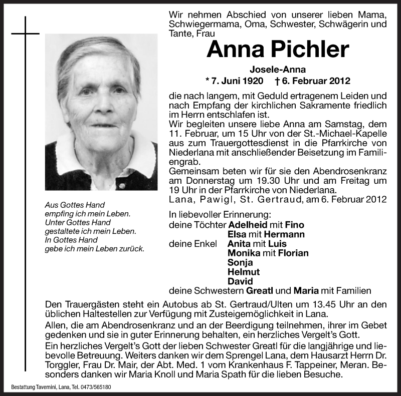  Traueranzeige für Anna Pichler vom 08.02.2012 aus Dolomiten