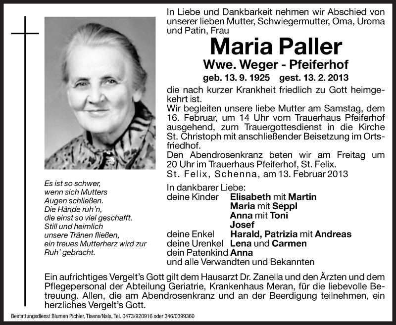  Traueranzeige für Maria Weger-Pfeiferhof vom 15.02.2013 aus Dolomiten