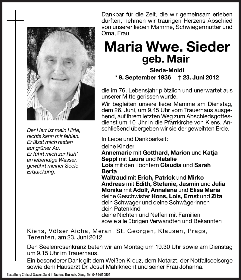  Traueranzeige für Maria Sieder vom 25.06.2012 aus Dolomiten