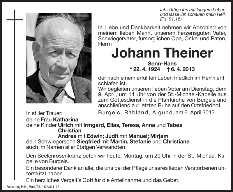  Traueranzeige für Johann Theiner vom 08.04.2013 aus Dolomiten