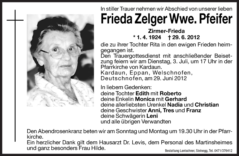  Traueranzeige für Frieda Pfeifer vom 30.06.2012 aus Dolomiten