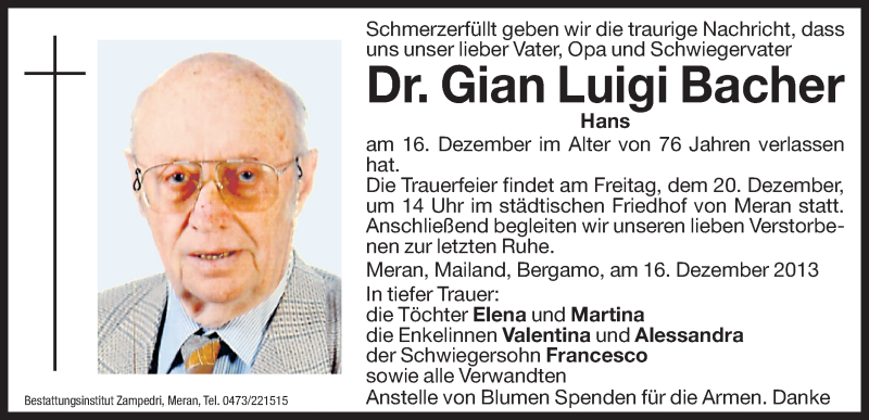  Traueranzeige für Gian Luigi Bacher vom 18.12.2013 aus Dolomiten