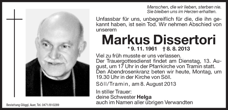  Traueranzeige für Markus Dissertori vom 12.08.2013 aus Dolomiten