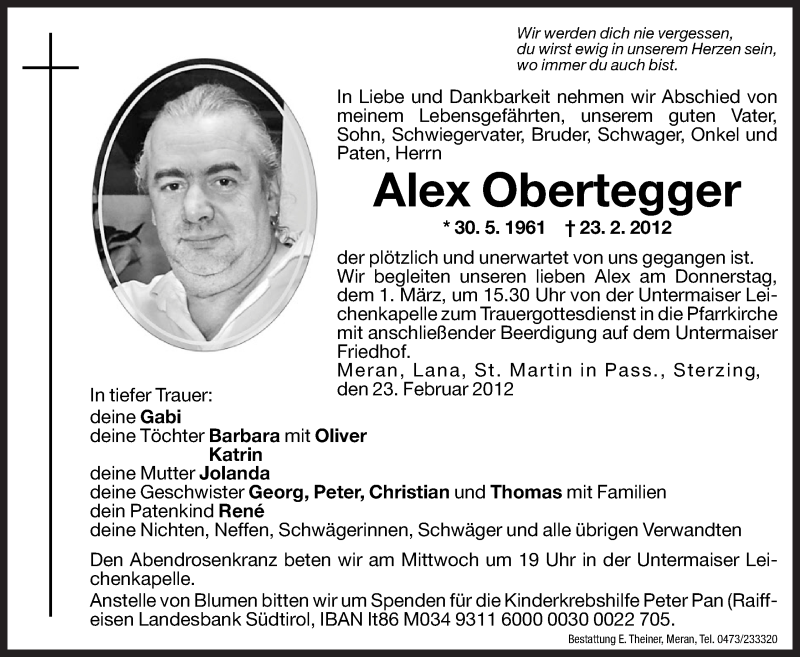  Traueranzeige für Alex Obertegger vom 29.02.2012 aus Dolomiten