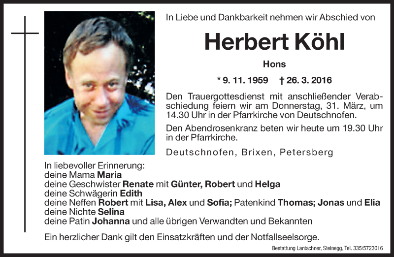  Traueranzeige für Herbert Köhl vom 30.03.2016 aus Dolomiten