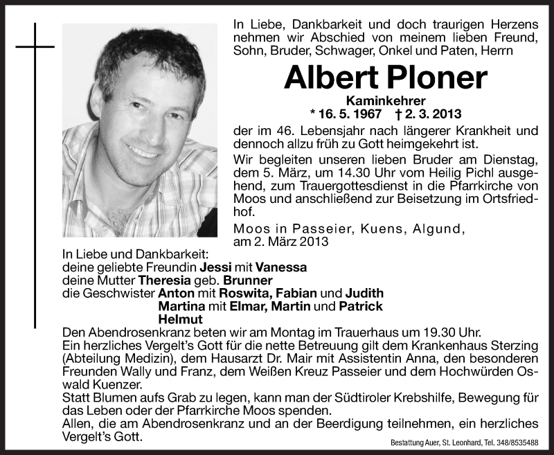  Traueranzeige für Albert Ploner vom 04.03.2013 aus Dolomiten