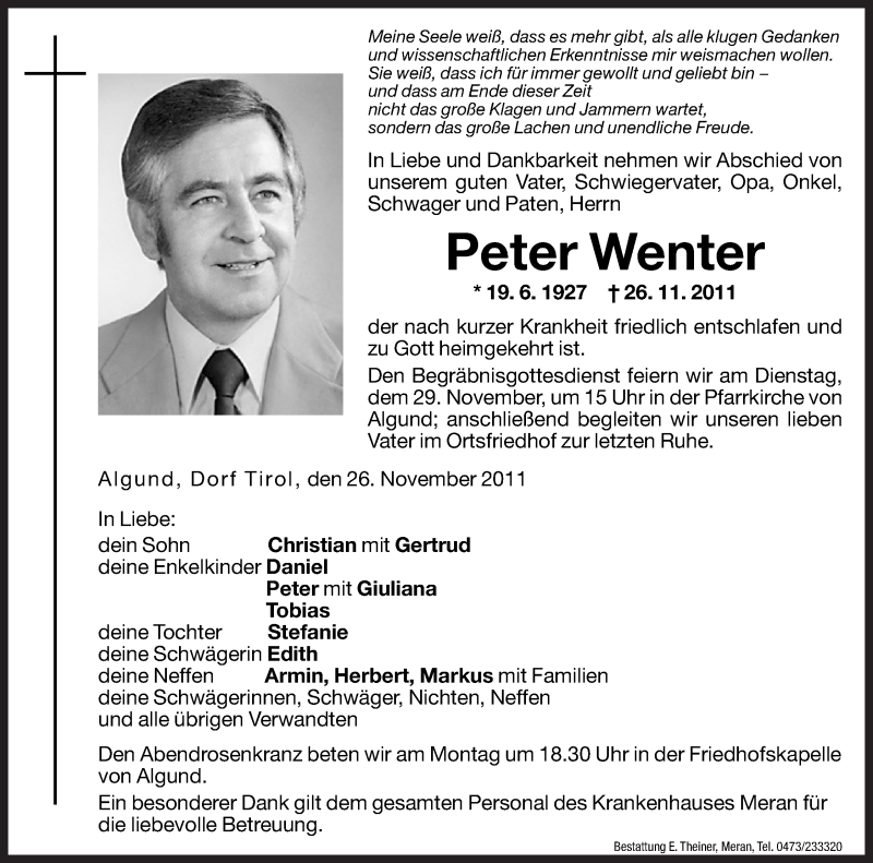  Traueranzeige für Peter Wenter vom 28.11.2011 aus Dolomiten