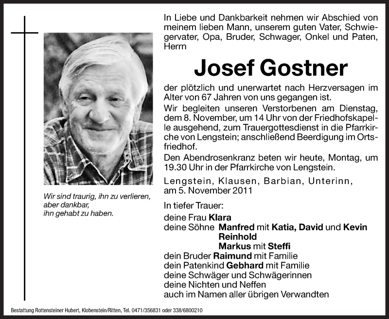  Traueranzeige für Josef Gostner vom 07.11.2011 aus Dolomiten