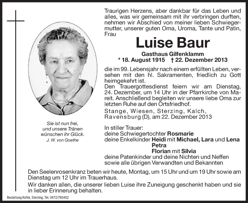  Traueranzeige für Luise Baur vom 23.12.2013 aus Dolomiten