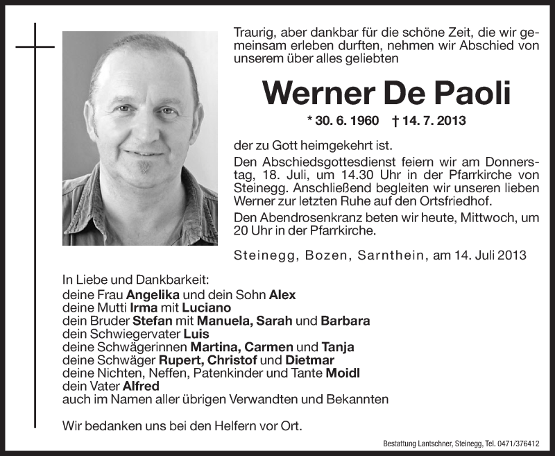  Traueranzeige für Werner De Paoli vom 17.07.2013 aus Dolomiten