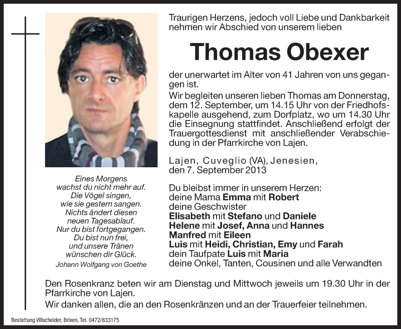  Traueranzeige für Thomas Obexer vom 10.09.2013 aus Dolomiten