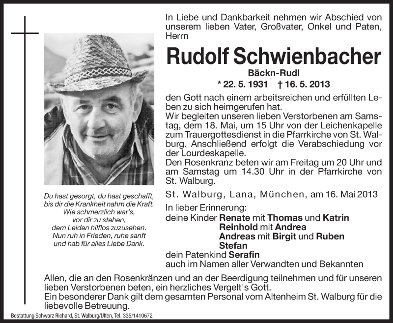  Traueranzeige für Rudolf Schwienbacher vom 17.05.2013 aus Dolomiten