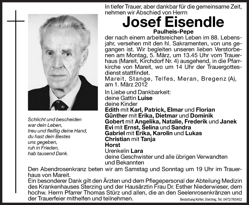  Traueranzeige für Josef Eisendle vom 03.03.2012 aus Dolomiten