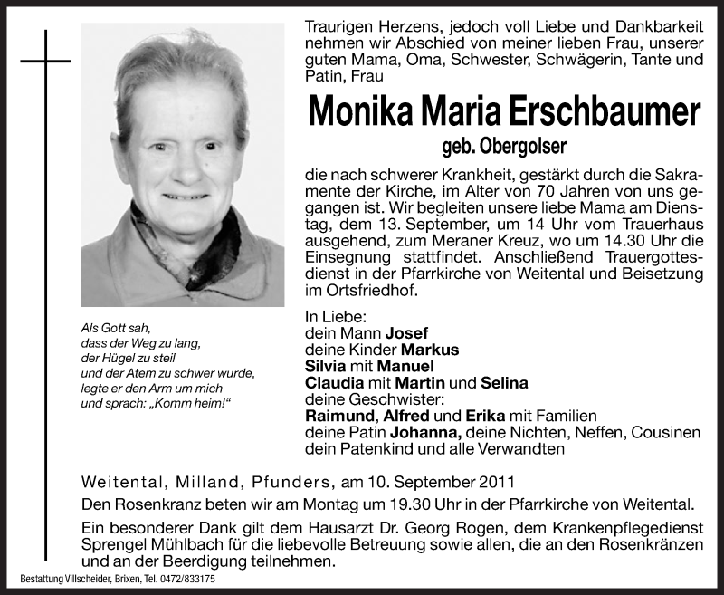  Traueranzeige für Monika Maria Erschbaumer vom 12.09.2011 aus Dolomiten